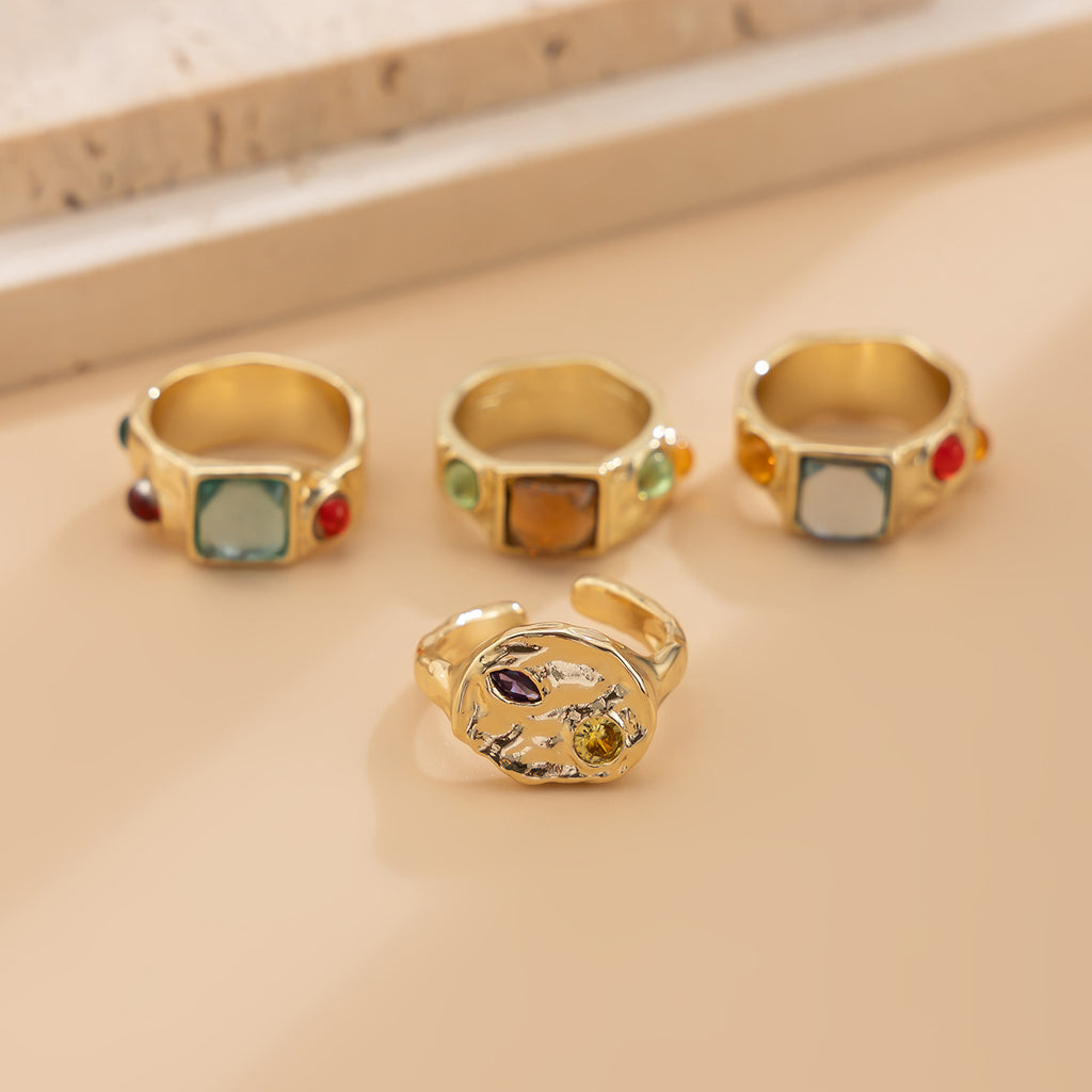 Fashionable color inlaid geometric gemstone ring, high-end irregular alloy ring