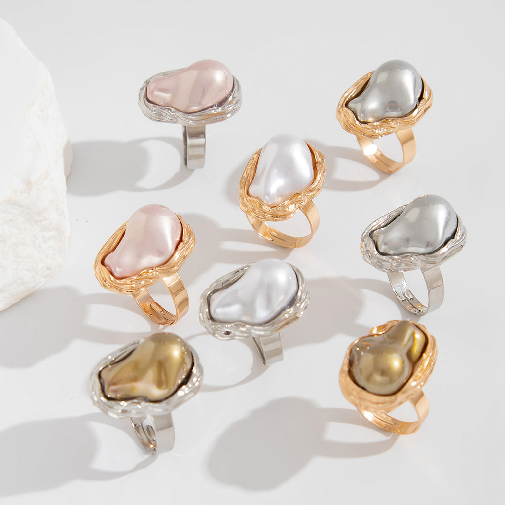 New Baroque inlaid irregular pearl rings, retro irregular alloy rings