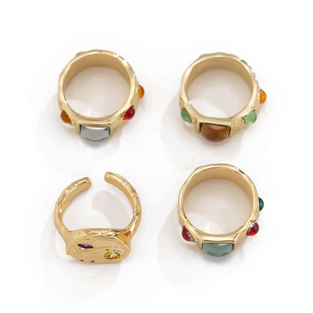 Fashionable color inlaid geometric gemstone ring, high-end irregular alloy ring