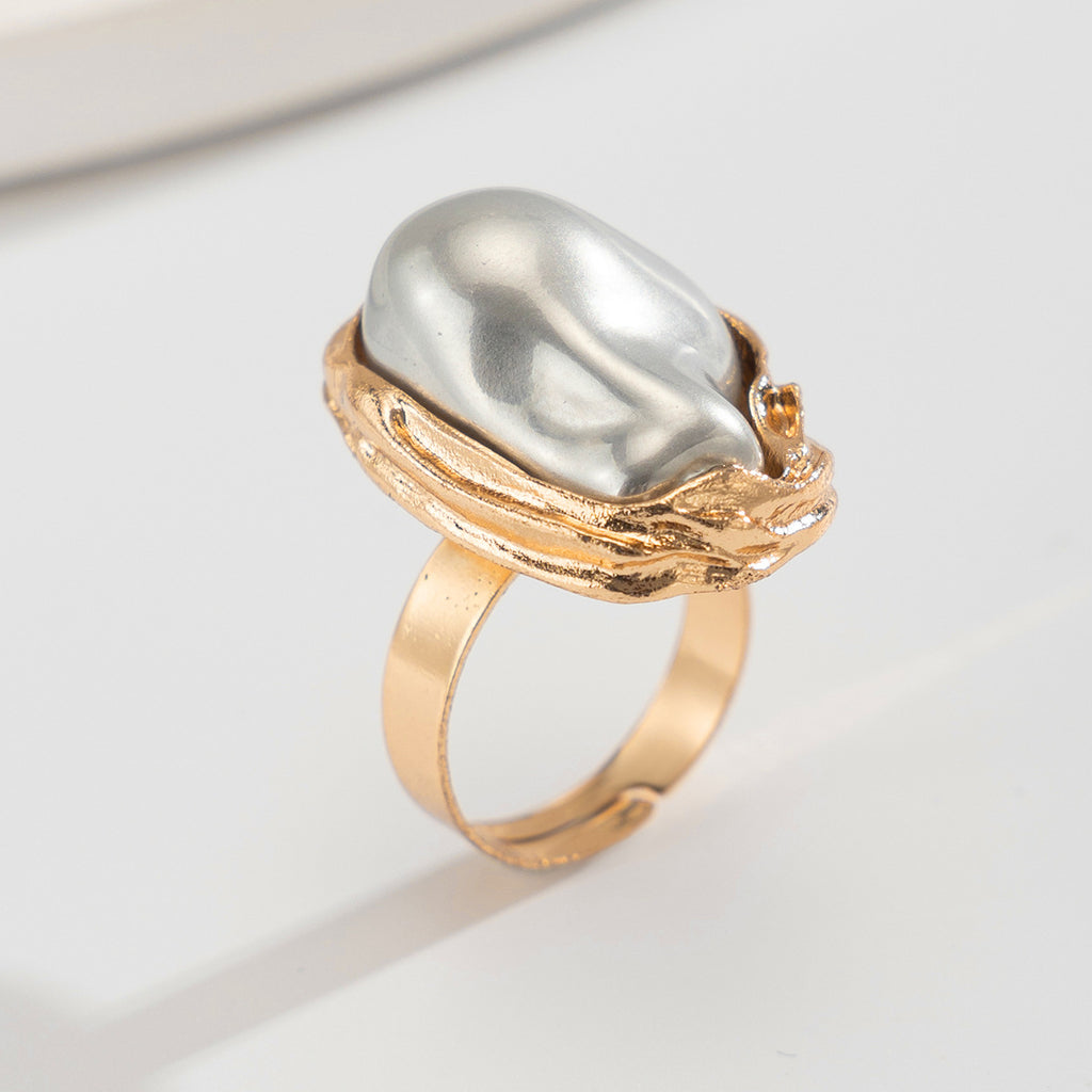 New Baroque inlaid irregular pearl rings, retro irregular alloy rings